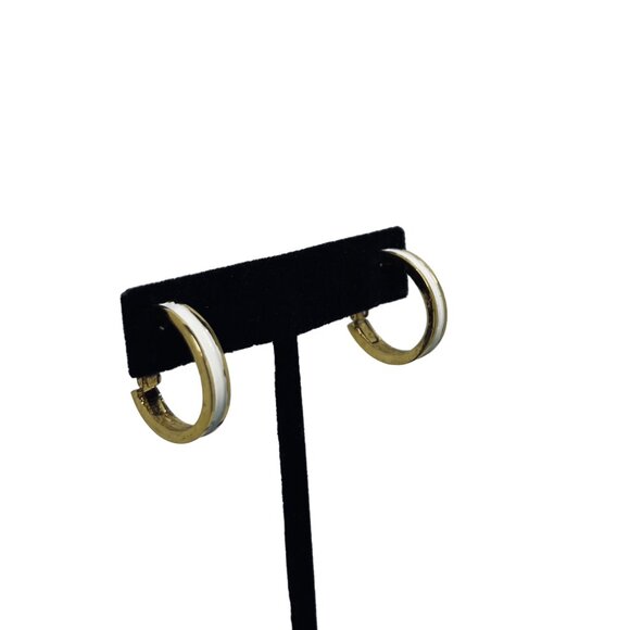 Crown Trifari Gold Tone And White Enamel Hoop Clip On Earrings Signed (5231) - Picture 2 of 5